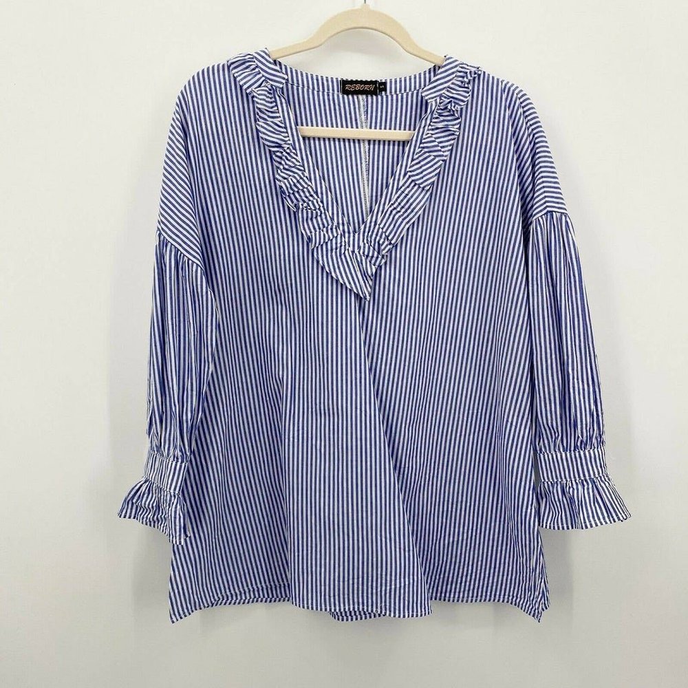Women's S Blue White Striped Ruffled 3/4 Sleeve